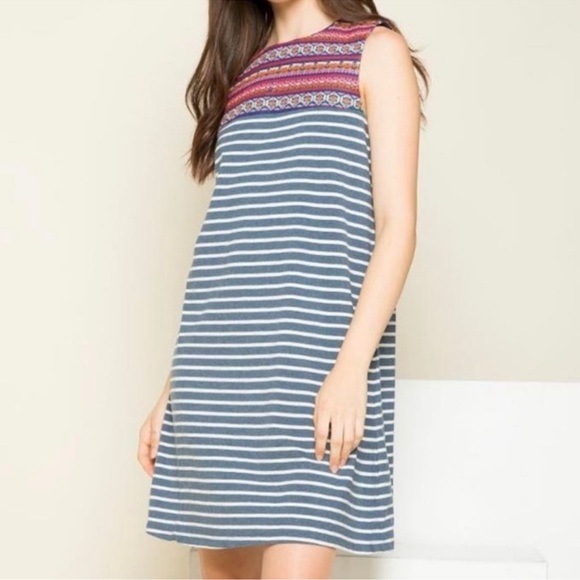 THML | Boho Striped Embroidered Shift Dress - Picture 1 of 9